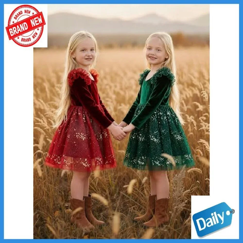Velvet Tulle Sequin Tutu Dress Long Sleeve A-Line Kids Holiday Party